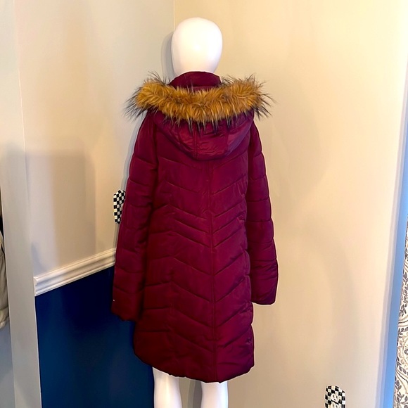 Tommy Hilfiger Burgandy Puffer Long Jacket Coat Detachable Faux Fur Hoodie M - Picture 5 of 15
